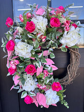 Load image into Gallery viewer, Spring Hydrangea, Rose &amp; Ranunculus Grapevine Wreath - 28x18 Front Door Decor