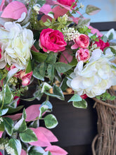 Load image into Gallery viewer, Spring Hydrangea, Rose &amp; Ranunculus Grapevine Wreath - 28x18 Front Door Decor