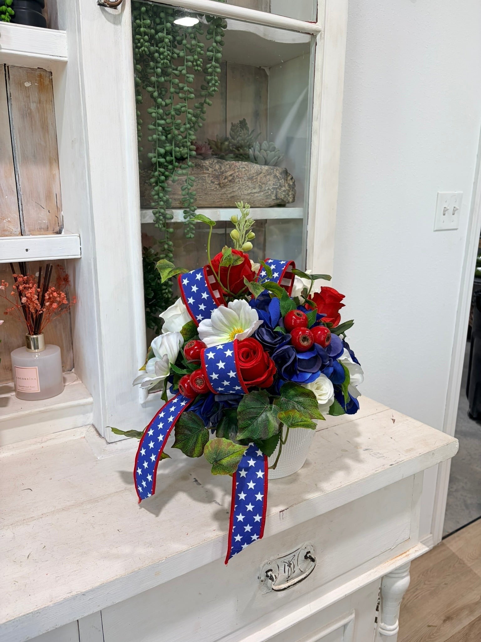 Patriotic Floral Arrangement in White Container for Summer Home Decor TCT Crafts