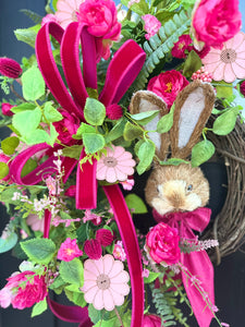 Spring Bunny Grapevine Wreath | Hot Pink Velvet Ribbon & Camellia Florals