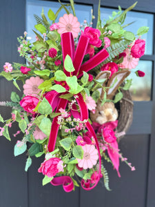 Spring Bunny Grapevine Wreath | Hot Pink Velvet Ribbon & Camellia Florals