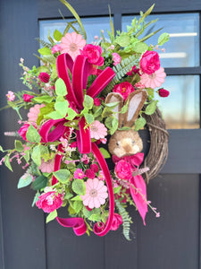 Spring Bunny Grapevine Wreath | Hot Pink Velvet Ribbon & Camellia Florals