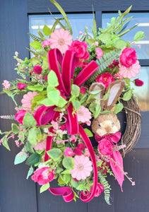 Spring Bunny Grapevine Wreath | Hot Pink Velvet Ribbon & Camellia Florals