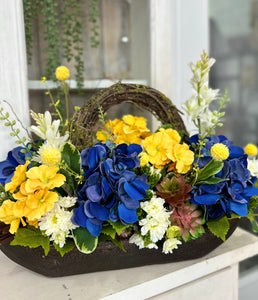 Blue Hydrangea & Yellow Primrose Floral Arrangement in Wooden Dough Bowl – High-End Spring Table Centerpiece