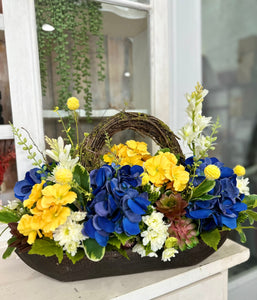 Blue Hydrangea & Yellow Primrose Floral Arrangement in Wooden Dough Bowl – High-End Spring Table Centerpiece