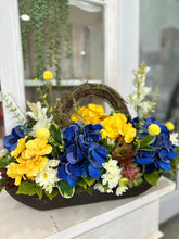 Load image into Gallery viewer, Blue Hydrangea &amp; Yellow Primrose Floral Arrangement in Wooden Dough Bowl – High-End Spring Table Centerpiece