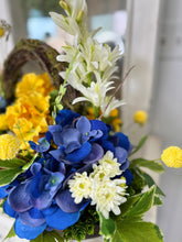 Load image into Gallery viewer, Blue Hydrangea &amp; Yellow Primrose Floral Arrangement in Wooden Dough Bowl – High-End Spring Table Centerpiece