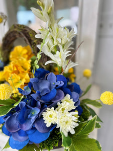 Blue Hydrangea & Yellow Primrose Floral Arrangement in Wooden Dough Bowl – High-End Spring Table Centerpiece