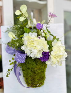 Purple Mum and White Hydrangea Hanging Basket Door Hanger – Elegant Spring Decor