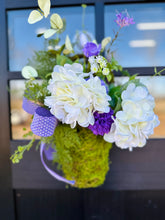 Load image into Gallery viewer, Purple Mum and White Hydrangea Hanging Basket Door Hanger – Elegant Spring Decor