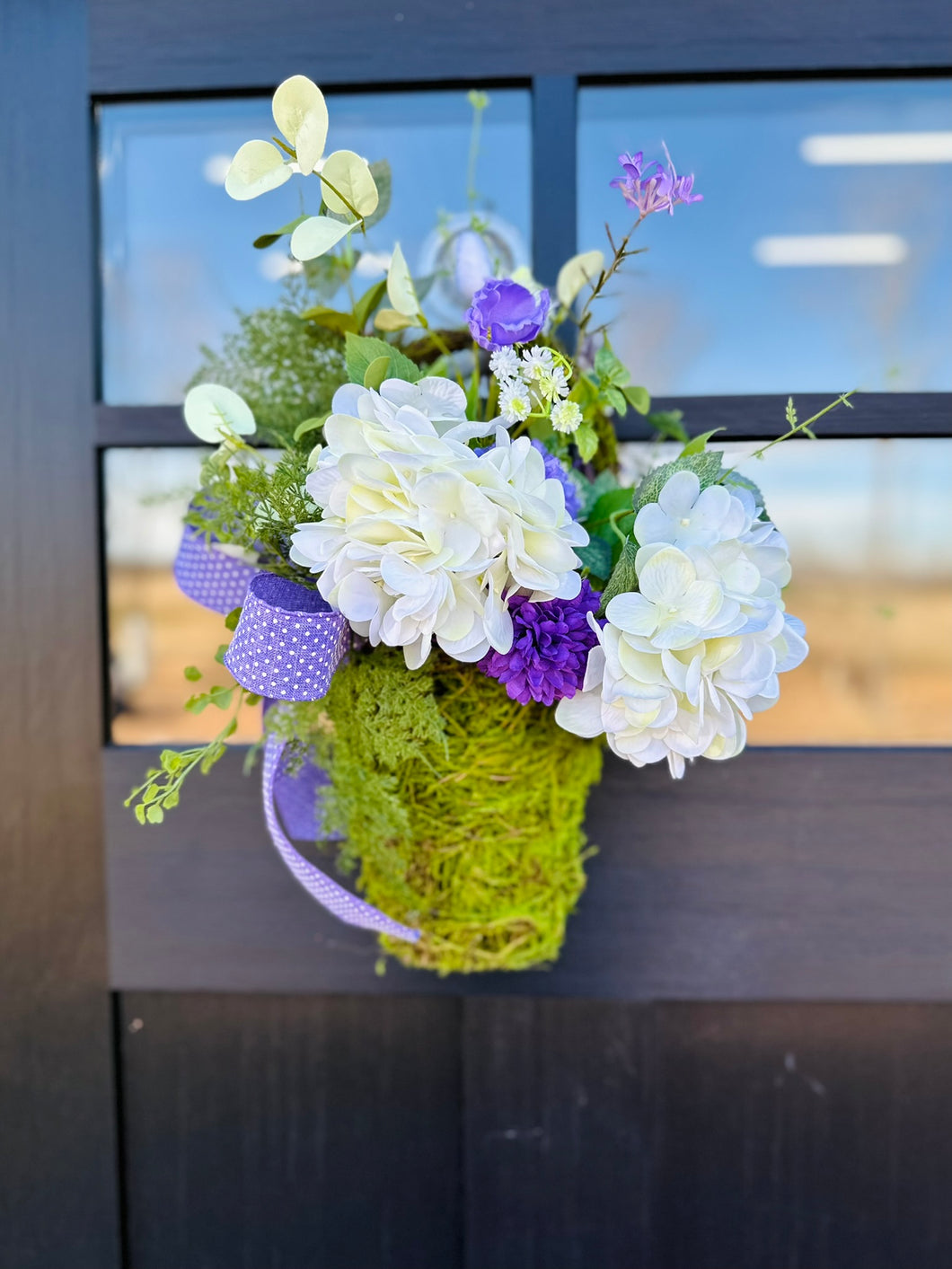 Purple Mum and White Hydrangea Hanging Basket Door Hanger – Elegant Spring Decor