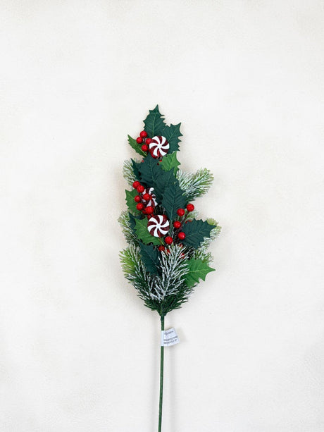 22 Inch Snowy Cedar Peppermint Spray with Red Berries for Christmas Decor-CS5014 Sims Pottery