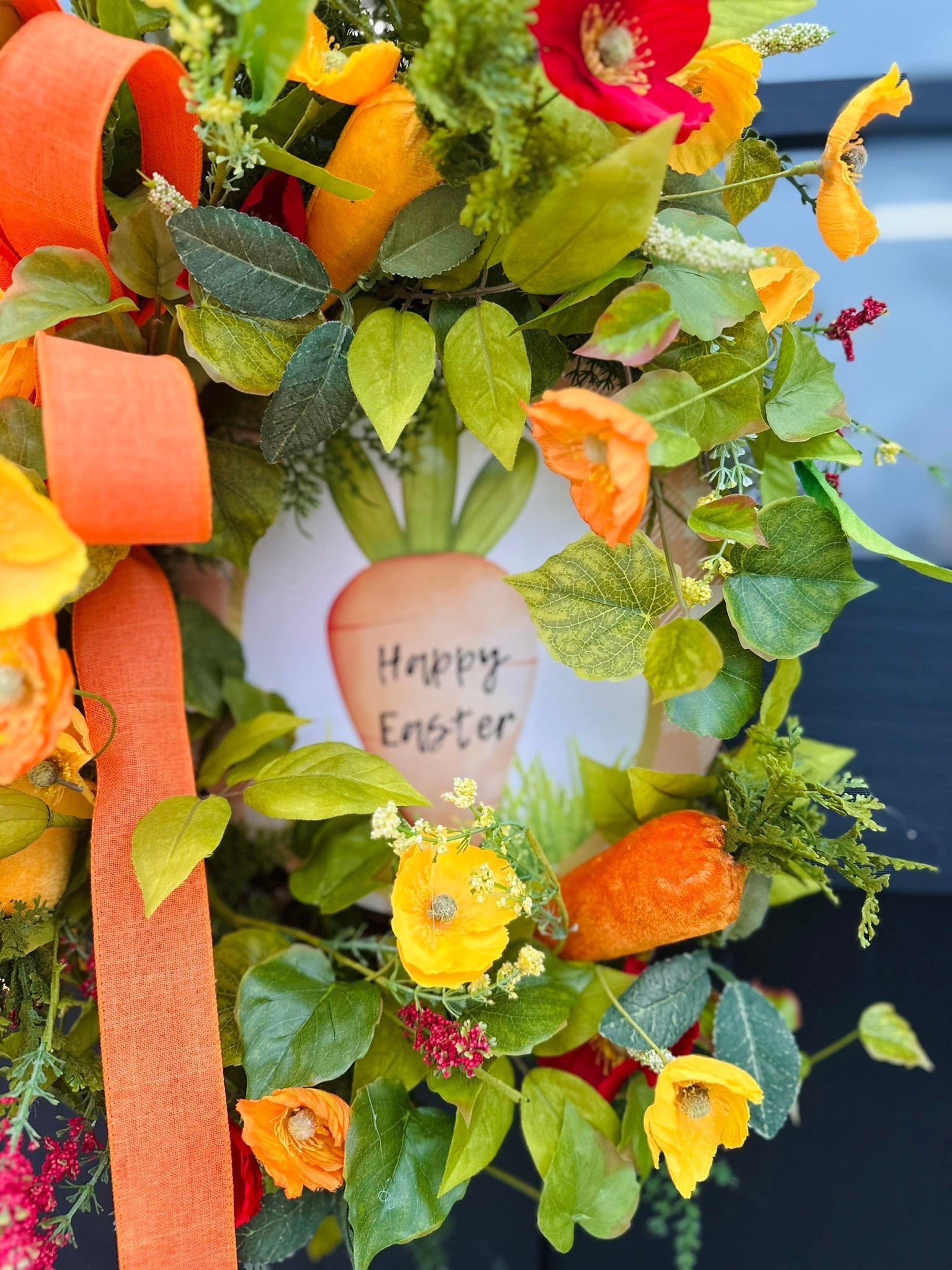 Large Easter Wreath for Front Door | Orange & Yellow Poppy Grapevine Wreath with Carrots and Bow TCT Crafts