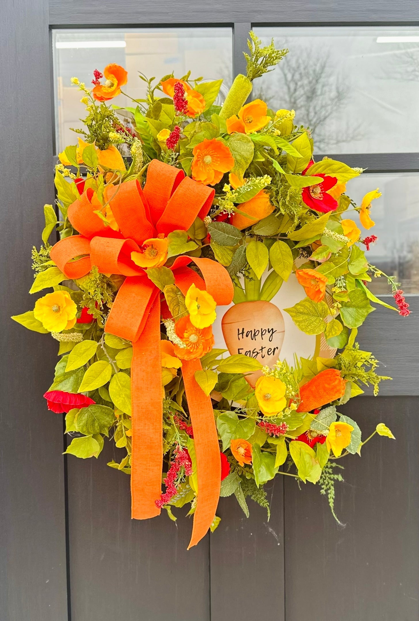 Large Easter Wreath for Front Door | Orange & Yellow Poppy Grapevine Wreath with Carrots and Bow TCT Crafts