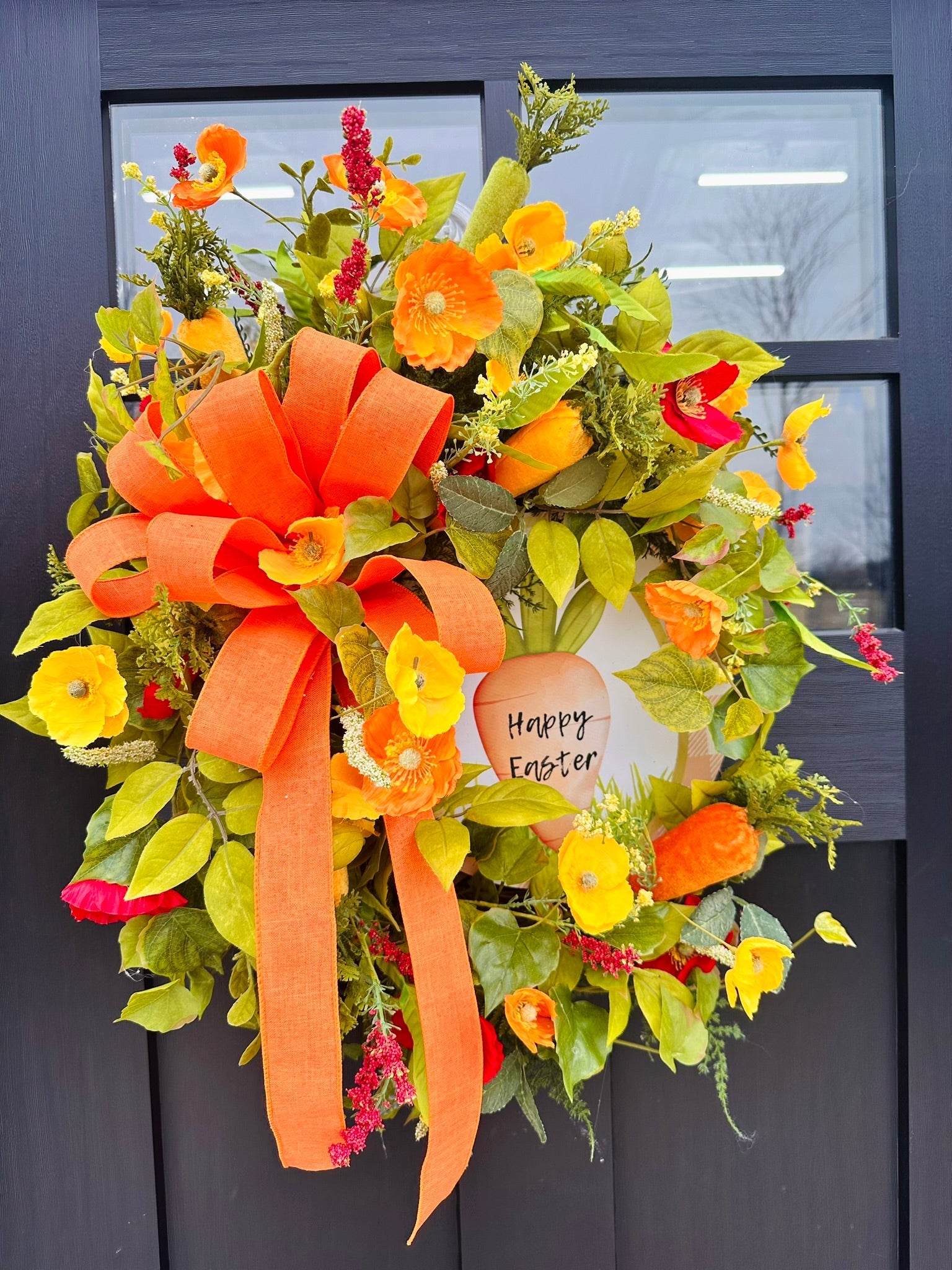 Large Easter Wreath for Front Door | Orange & Yellow Poppy Grapevine Wreath with Carrots and Bow TCT Crafts