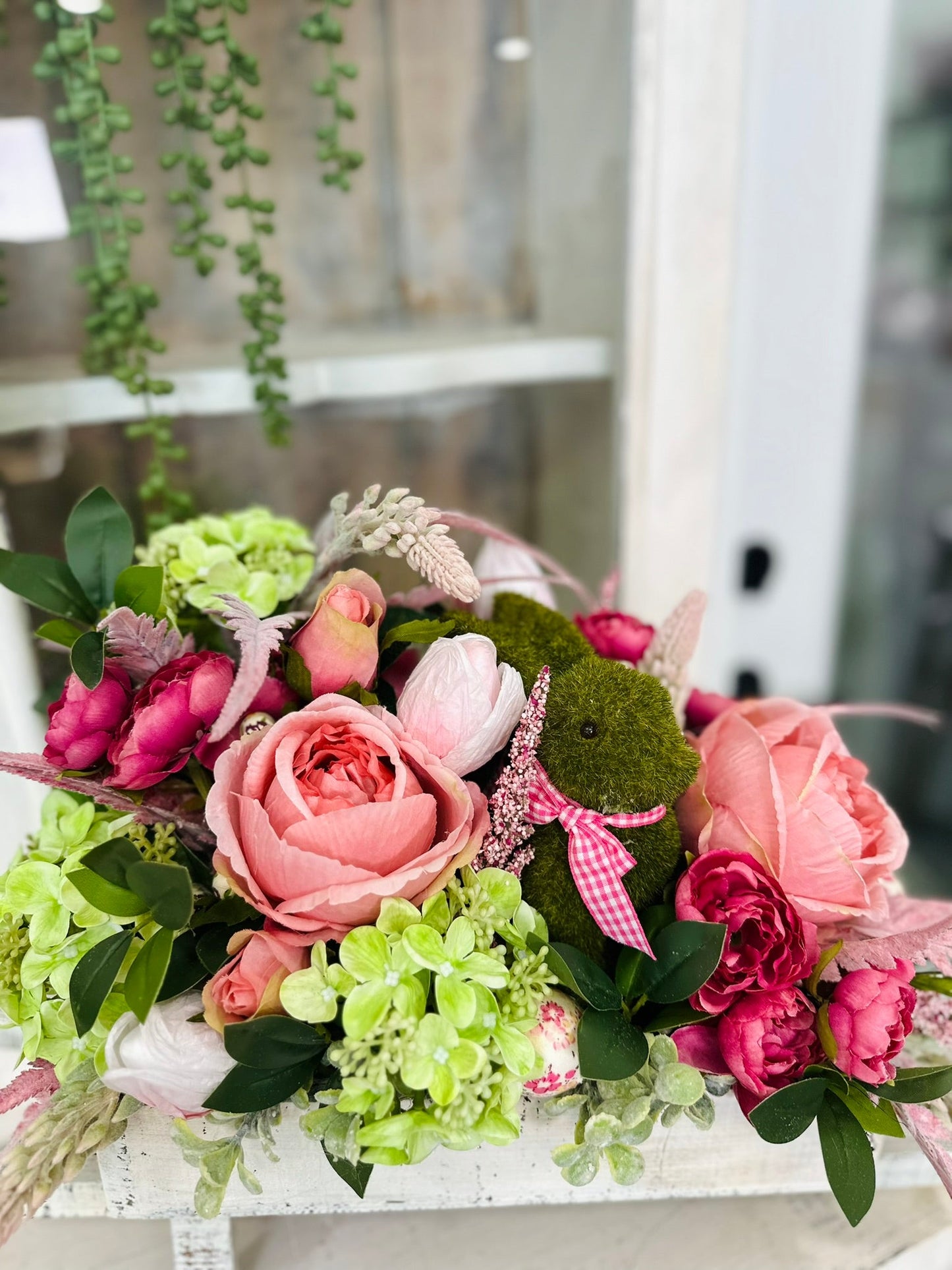 ustic Easter Floral Centerpiece with Moss Bunny and Pink Roses | Spring Table Décor