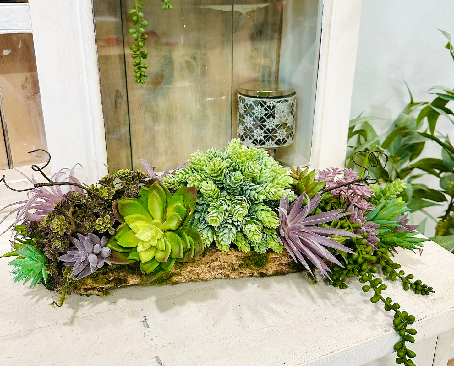 Artificial Purple & Green Succulent Arrangement in Faux Tree Fern Bark Container