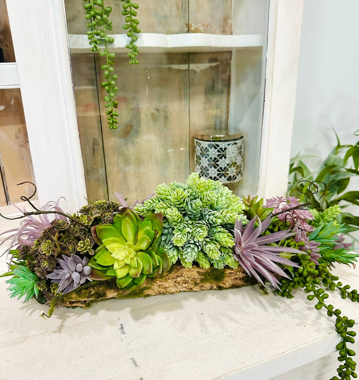 Artificial Purple & Green Succulent Arrangement in Faux Tree Fern Bark Container