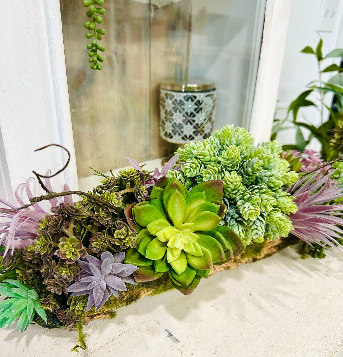 Artificial Purple & Green Succulent Arrangement in Faux Tree Fern Bark Container