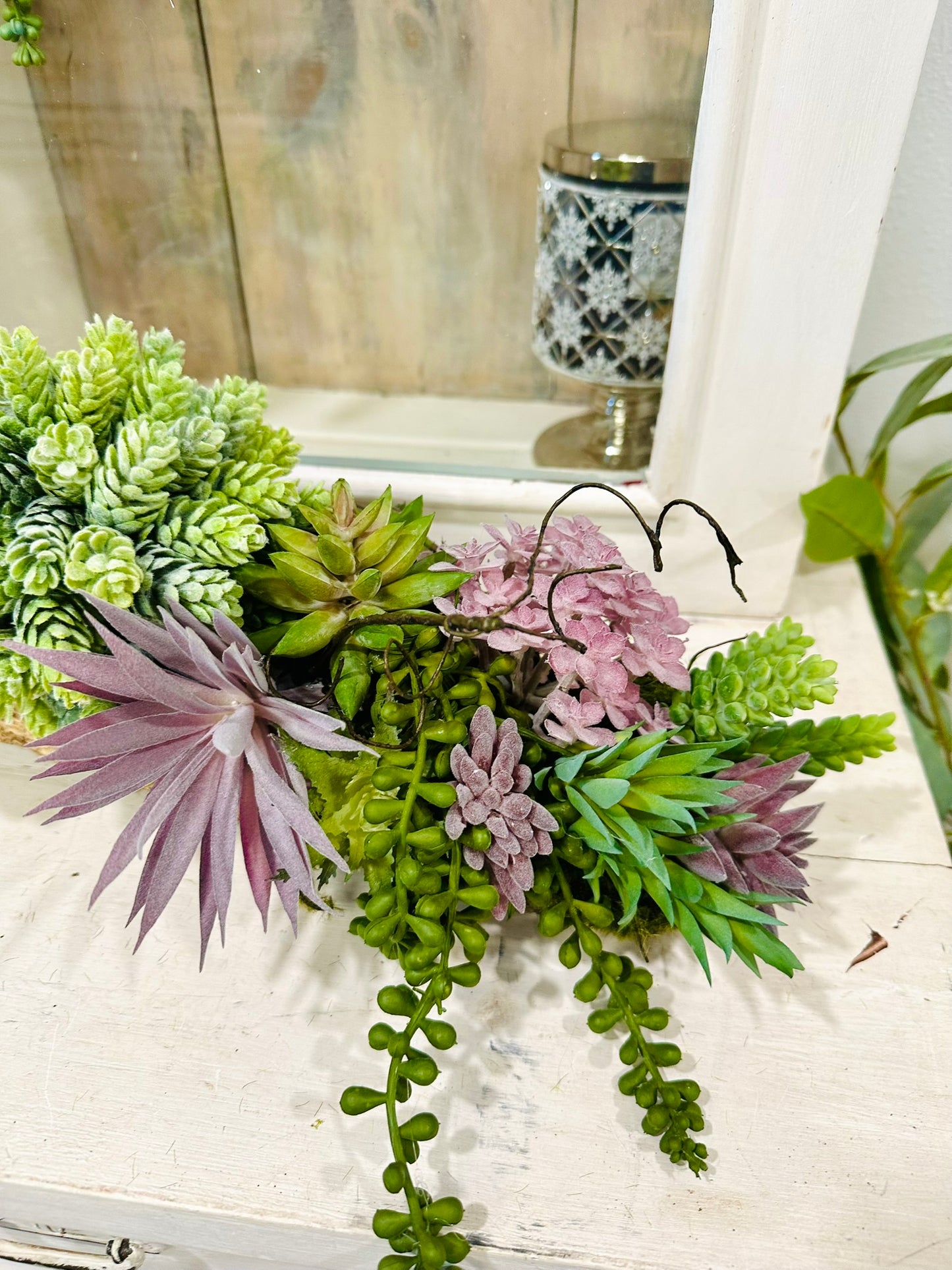 Artificial Purple & Green Succulent Arrangement in Faux Tree Fern Bark Container