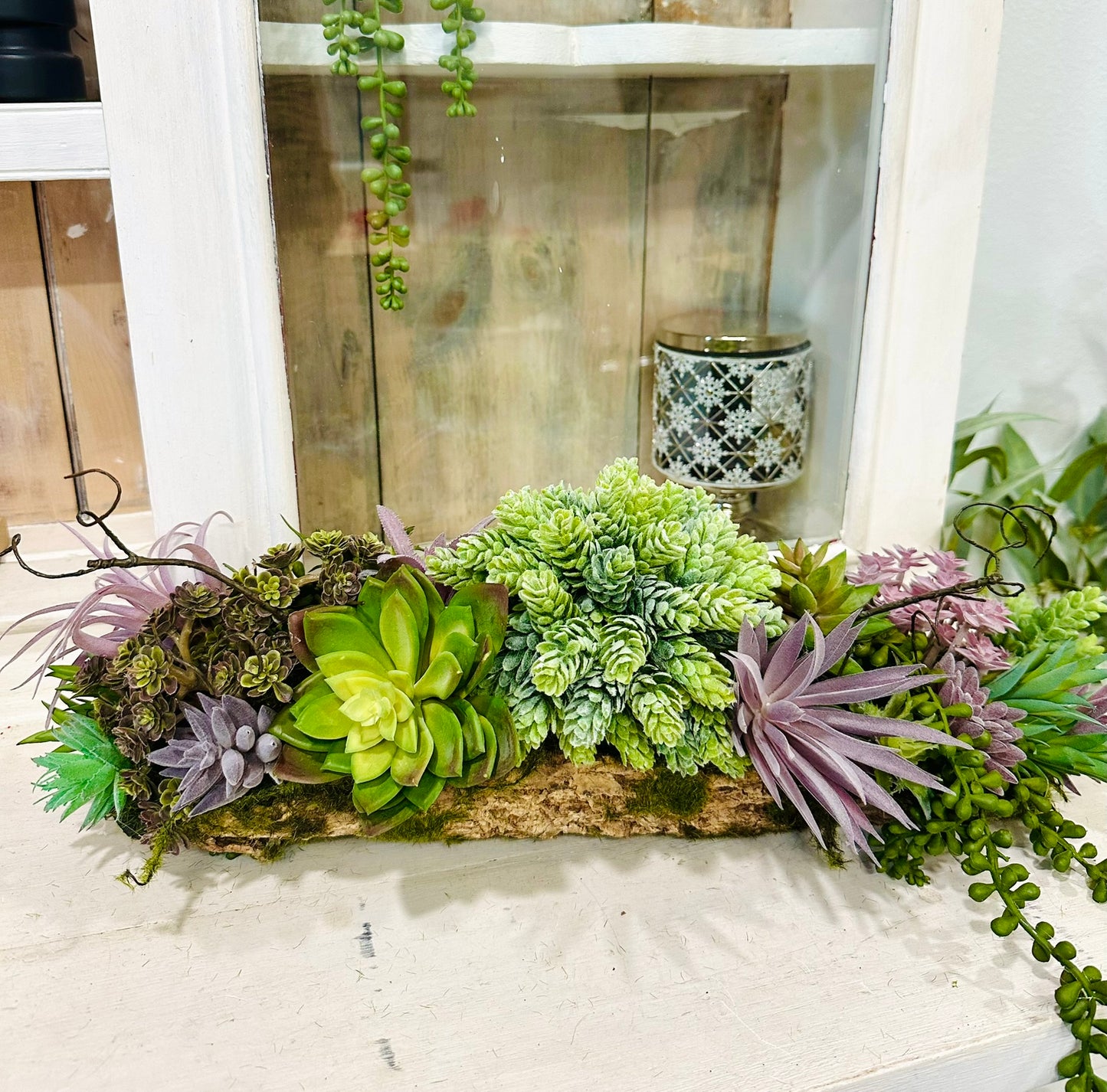 Artificial Purple & Green Succulent Arrangement in Faux Tree Fern Bark Container