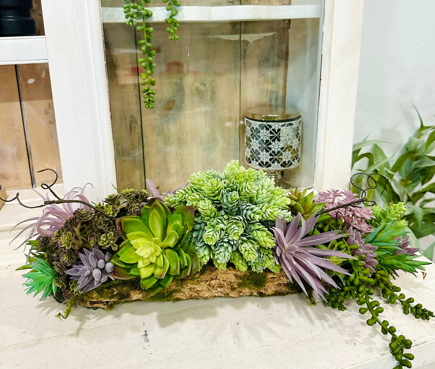 Artificial Purple & Green Succulent Arrangement in Faux Tree Fern Bark Container