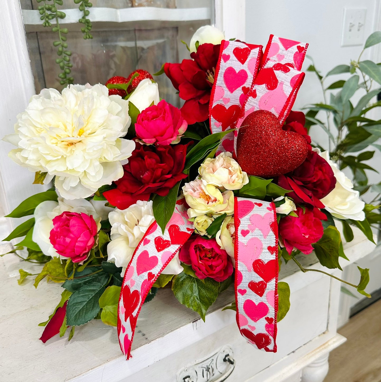Red Rose Peony Valentine Dough Bowl Arrangement