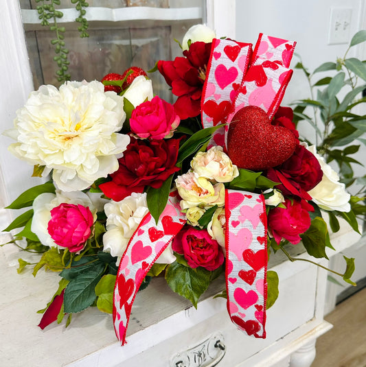 Red Rose Peony Valentine Dough Bowl Arrangement