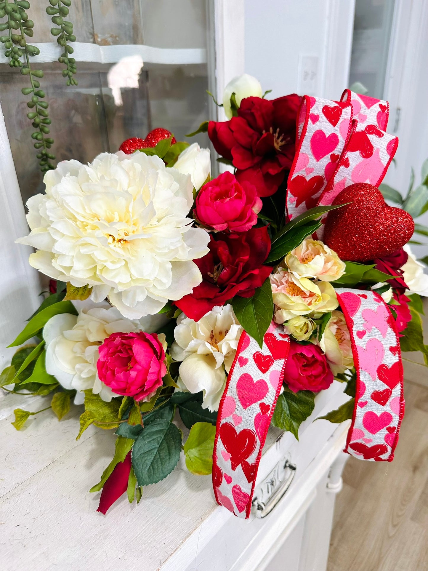 Red Rose Peony Valentine Dough Bowl Arrangement