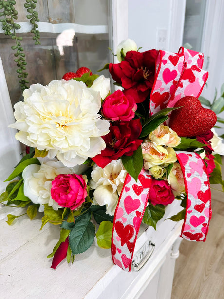 Red Rose Peony Valentine Dough Bowl Arrangement
