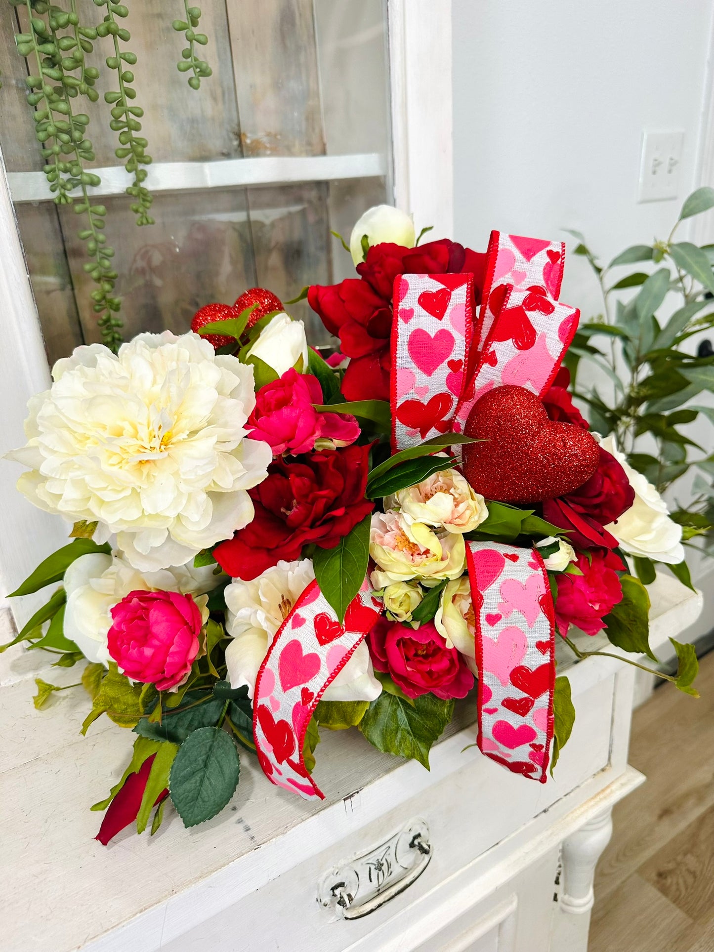 Red Rose Peony Valentine Dough Bowl Arrangement