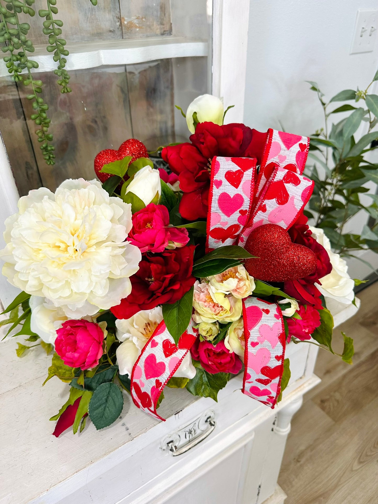 Red Rose Peony Valentine Dough Bowl Arrangement