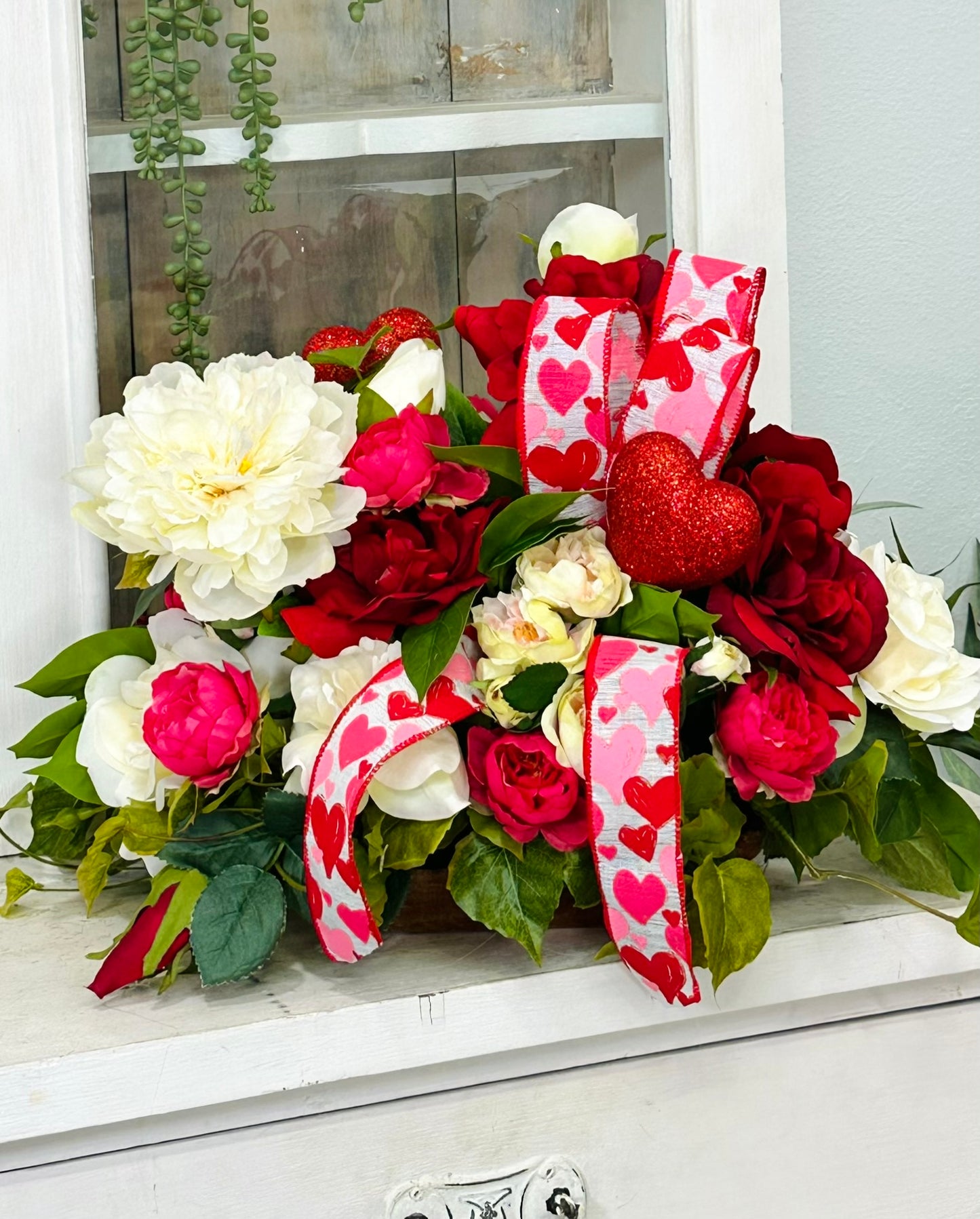 Red Rose Peony Valentine Dough Bowl Arrangement