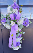 Load image into Gallery viewer, Handcrafted Spring Cross Door Hanger - Purple and White Cross with Lavender Bow