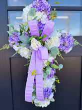 Load image into Gallery viewer, Handcrafted Spring Cross Door Hanger - Purple and White Cross with Lavender Bow