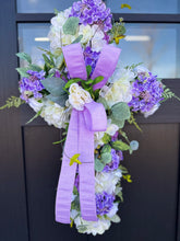 Load image into Gallery viewer, Handcrafted Spring Cross Door Hanger - Purple and White Cross with Lavender Bow