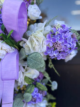 Load image into Gallery viewer, Handcrafted Spring Cross Door Hanger - Purple and White Cross with Lavender Bow