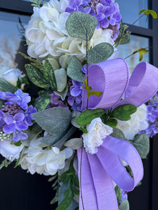 Handcrafted Spring Cross Door Hanger - Purple and White Cross with Lavender Bow