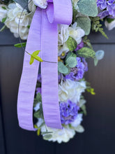 Load image into Gallery viewer, Handcrafted Spring Cross Door Hanger - Purple and White Cross with Lavender Bow