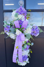 Load image into Gallery viewer, Handcrafted Spring Cross Door Hanger - Purple and White Cross with Lavender Bow