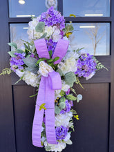 Load image into Gallery viewer, Handcrafted Spring Cross Door Hanger - Purple and White Cross with Lavender Bow