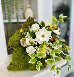 Moss Bunny Floral Arrangement | Easter Bunny Planter with Magnolia & Wildflowers | Spring Centerpiece Décor