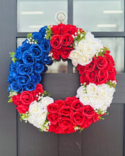 Load image into Gallery viewer, 22&quot; Patriotic Rose Wreath | Red White &amp; Blue Floral Wreath for 4th of July &amp; Memorial Day