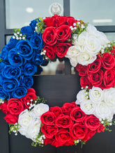 Load image into Gallery viewer, 22&quot; Patriotic Rose Wreath | Red White &amp; Blue Floral Wreath for 4th of July &amp; Memorial Day