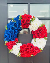 Load image into Gallery viewer, 22&quot; Patriotic Rose Wreath | Red White &amp; Blue Floral Wreath for 4th of July &amp; Memorial Day