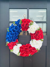 Load image into Gallery viewer, 22&quot; Patriotic Rose Wreath | Red White &amp; Blue Floral Wreath for 4th of July &amp; Memorial Day