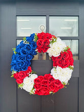 Load image into Gallery viewer, 22&quot; Patriotic Rose Wreath | Red White &amp; Blue Floral Wreath for 4th of July &amp; Memorial Day