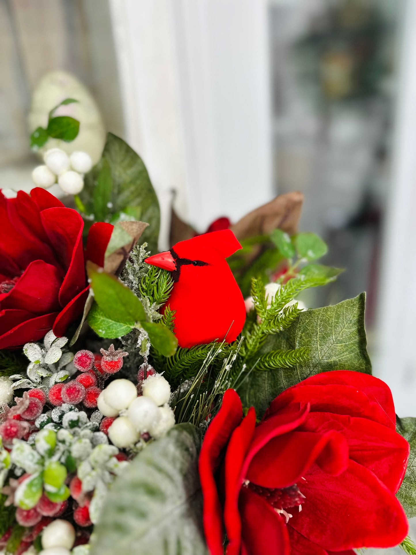 Red Cardinal Holiday Floral Arrangement – 21"x21" Red and Green Winter Christmas Centerpiece
