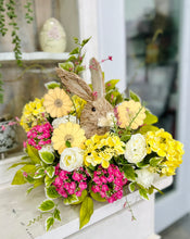 Load image into Gallery viewer, Sisal Bunny Easter Floral Arrangement | Spring Centerpiece with Yellow &amp; Pink Flowers