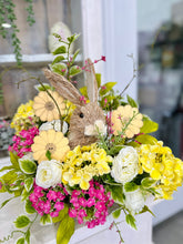 Load image into Gallery viewer, Sisal Bunny Easter Floral Arrangement | Spring Centerpiece with Yellow &amp; Pink Flowers